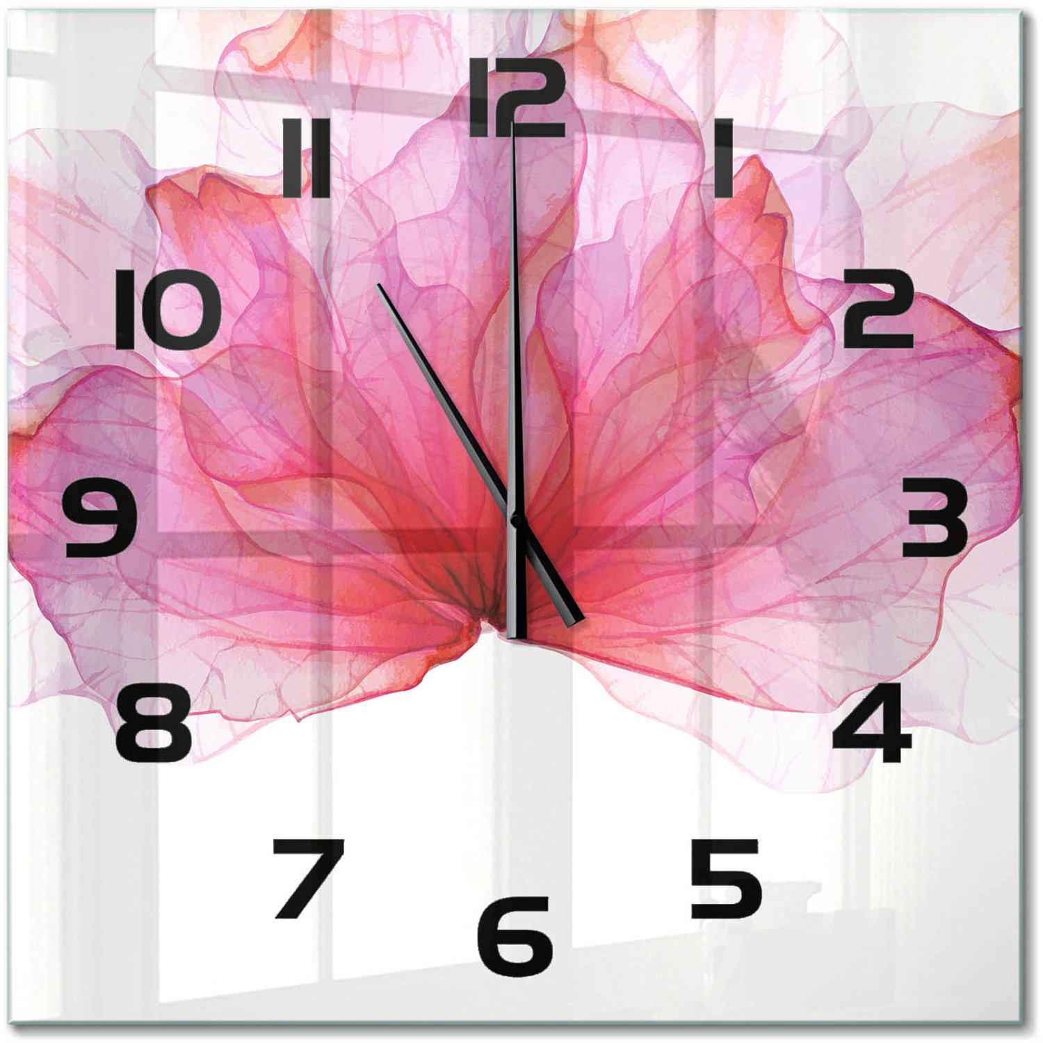TULUP Wandklok - Roze bloem Glazen Wandklok Design - 60x60 cm - Roze Klok Glas Met Opdruk - Zwarte handen - Vierkante Klok - Wandklok Glas Met Motief - Decoratieve Glazen Klok