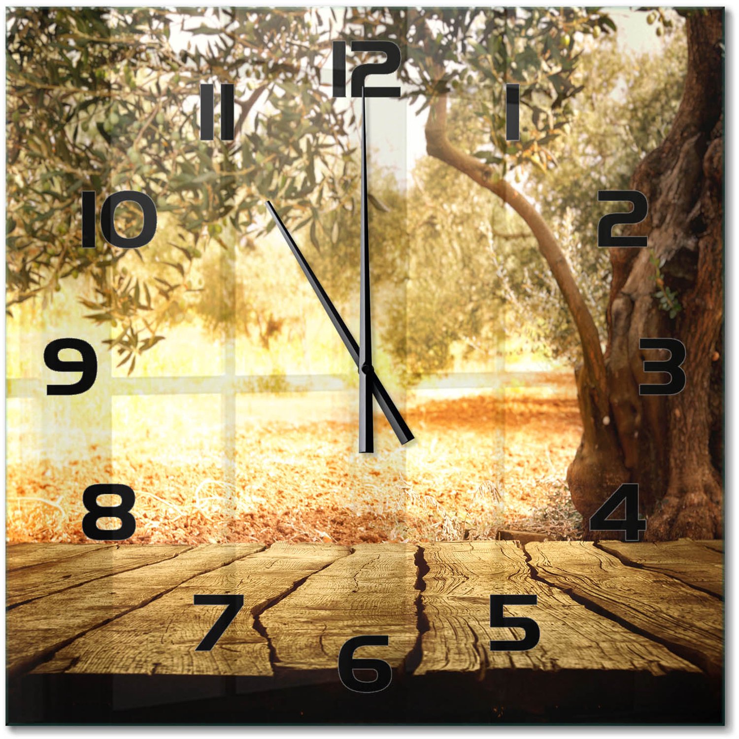 TULUP Wandklok - Olijfboom Gekleurde Glazen Klok - 60x60 cm - Bruin Glazen Klok Met Print - Zwarte handen - Vierkante Klok - Moderne Wandklok Glas - Wandklok Glas Decoratie