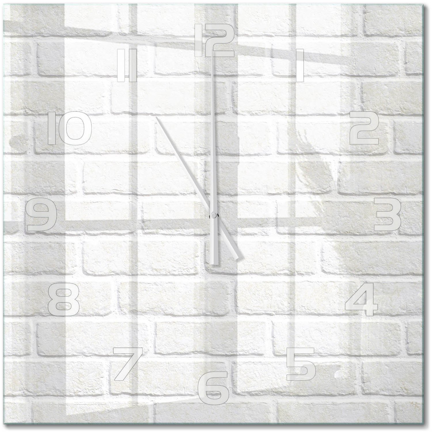 TULUP Wandklok - Bakstenen muur Decoratieve Glazen Klok - 60x60 cm - Wit Glazen Wandklok Design - Witte handen - Vierkante Klok - Glazen Klok Met Print - Wandklok Glas Met Motief