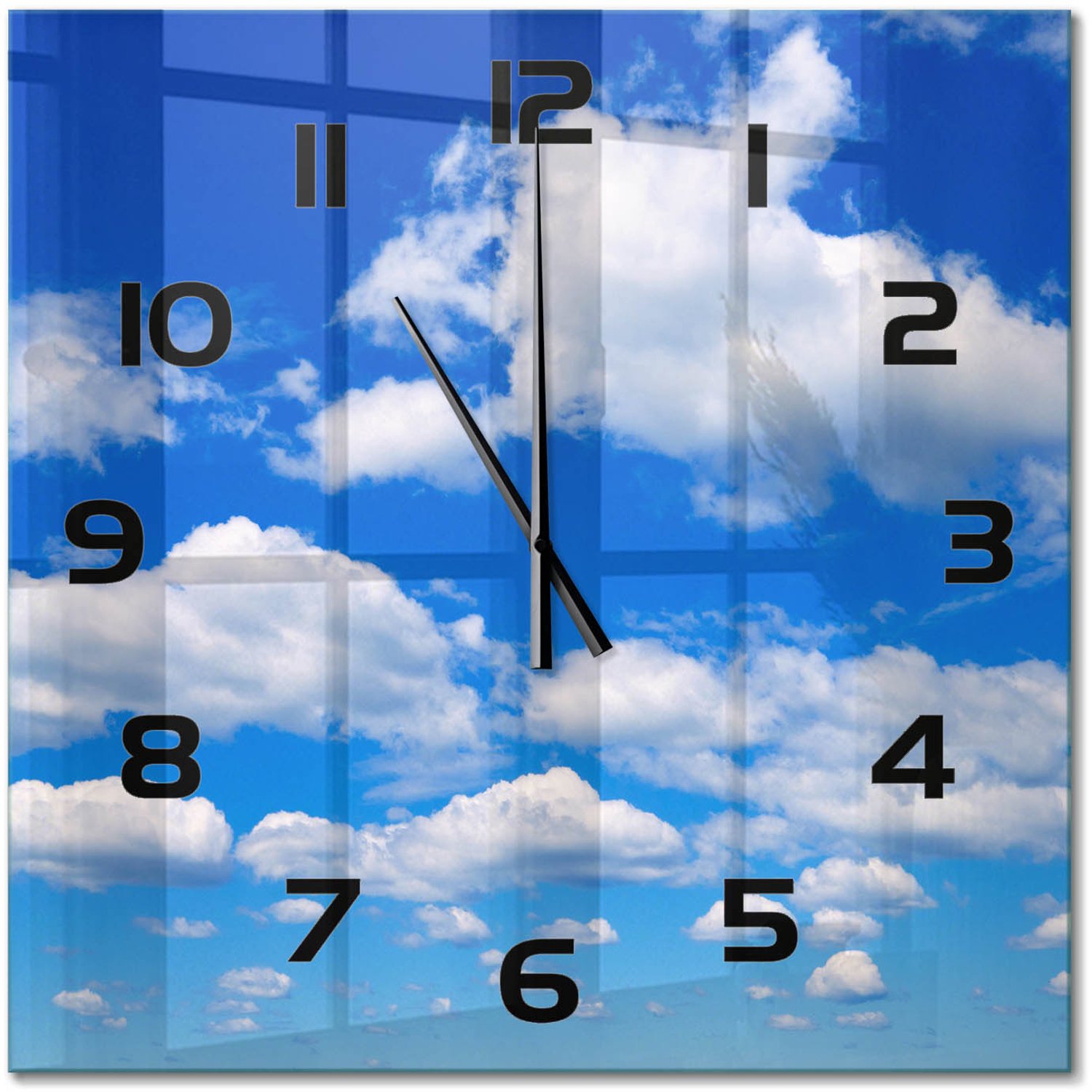TULUP Wandklok - Wolken aan de hemel Glazen Wandklok Design - 60x60 cm - Blauw Klok Glas Met Opdruk - Zwarte handen - Vierkante Klok - Wandklok Glas Met Motief - Decoratieve Glazen Klok