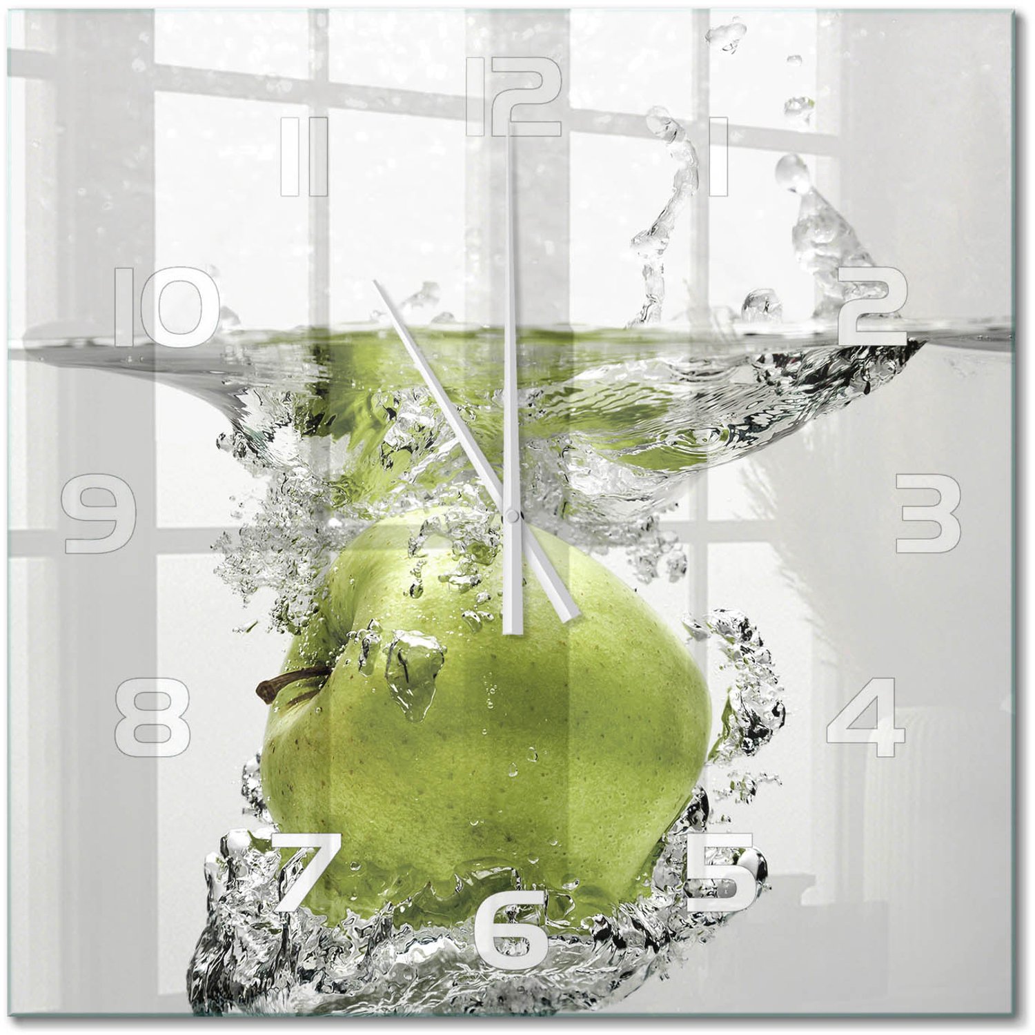 TULUP Wandklok - Appel onder water Decoratieve Glazen Klok - 60x60 cm - Groente Glazen Wandklok Design - Witte handen - Vierkante Klok - Glazen Klok Met Print - Wandklok Glas Met Motief