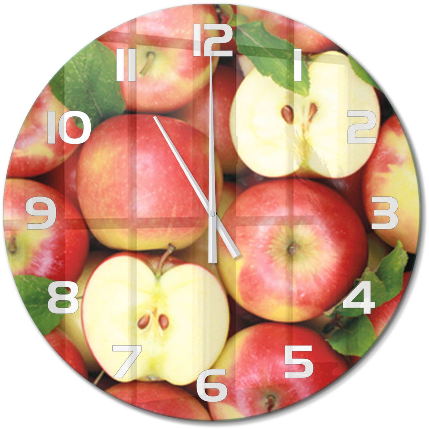TULUP Wandklok - Appels Moderne Wandklok Glas - fi60 cm - Rood Wandklok Glas Decoratie - Witte handen - Ronde Klok - Glazen Wandklok Design - Klok Glas Met Opdruk