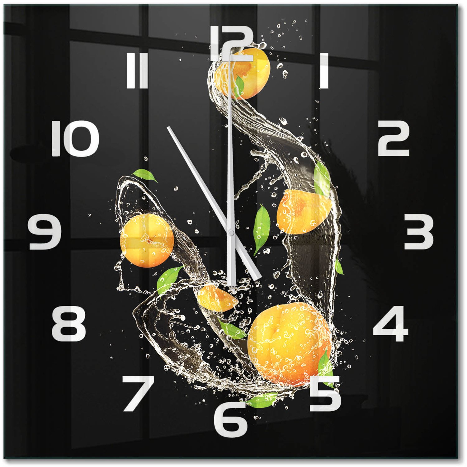 TULUP Wandklok - Abrikozen en water Gekleurde Glazen Klok - 60x60 cm - Oranje Glazen Klok Met Print - Witte handen - Vierkante Klok - Moderne Wandklok Glas - Wandklok Glas Decoratie