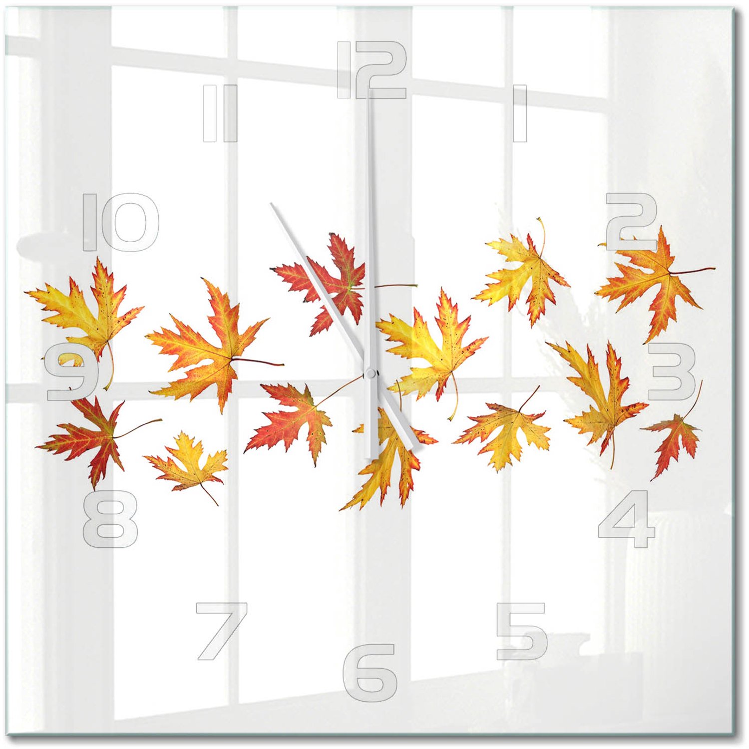 TULUP Wandklok - Herfstbladeren Glazen Klok Met Print - 60x60 cm - Geel Wandklok Glas Met Motief - Witte handen - Vierkante Klok - Wandklok Glas Decoratie - Gekleurde Glazen Klok