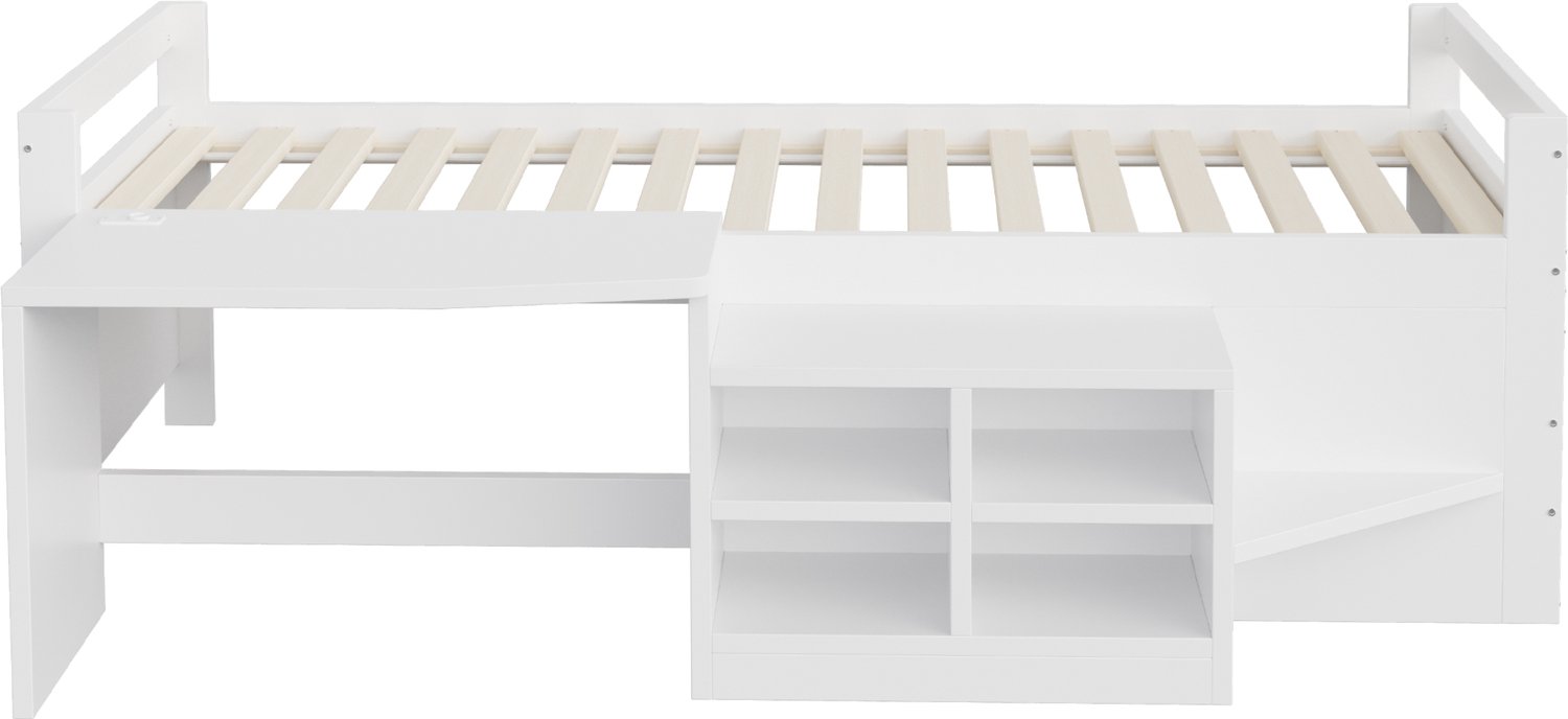 MUVANO Kinderbed 90x200 cm - hoogslaper met bureau en opbergruimte - houten bed met USB en stopcontact - wit voor de kinderkamer met stevige opstap