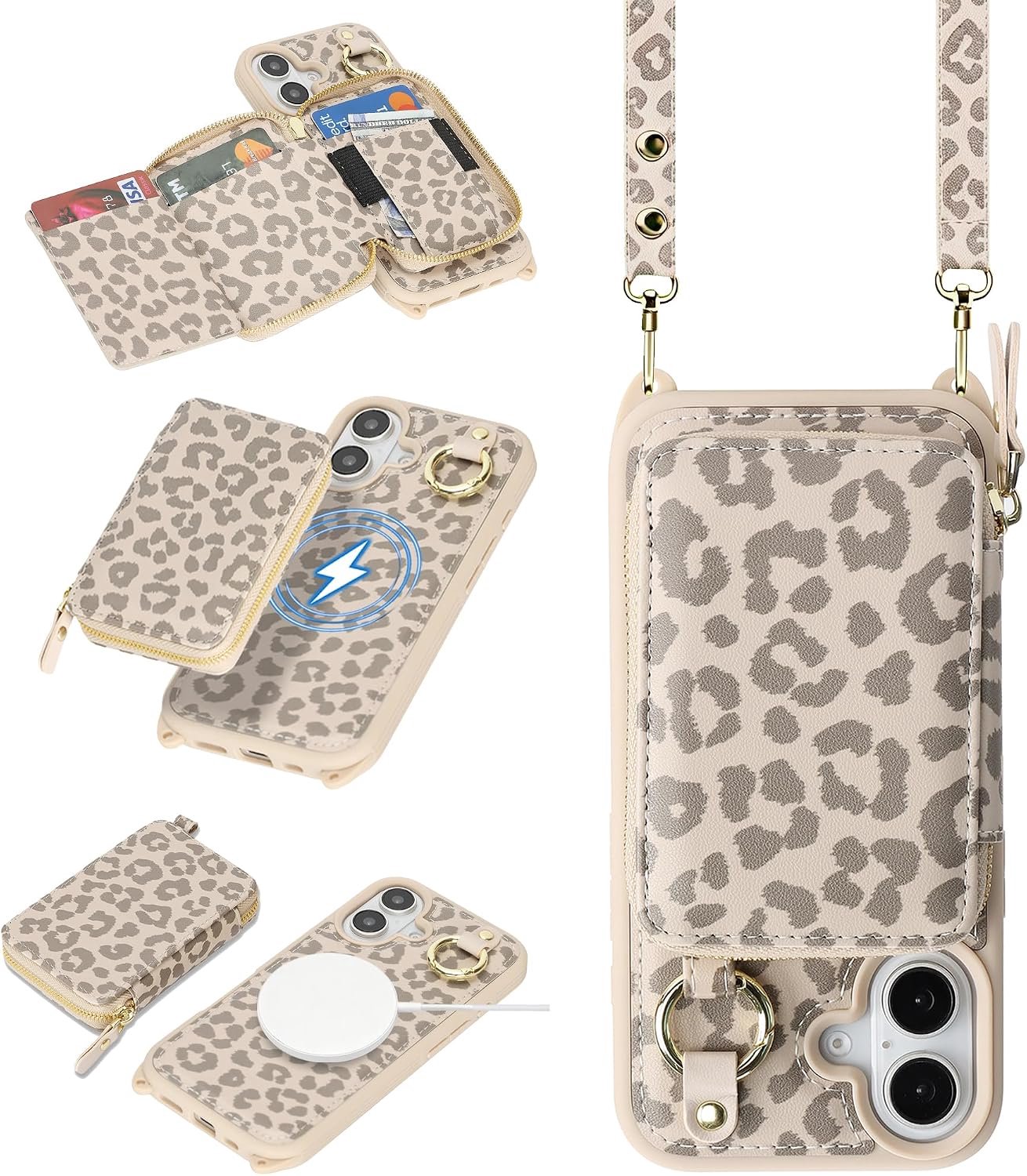 Hulpje voor iPhone 17 met band, beigen luipaardprint