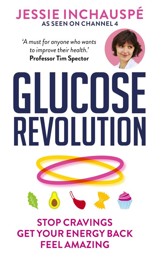 Boekomslag 'Glucose Revolution' van Jessie Inchauspé, met foto van de auteur, tekst en iconen van eten.
