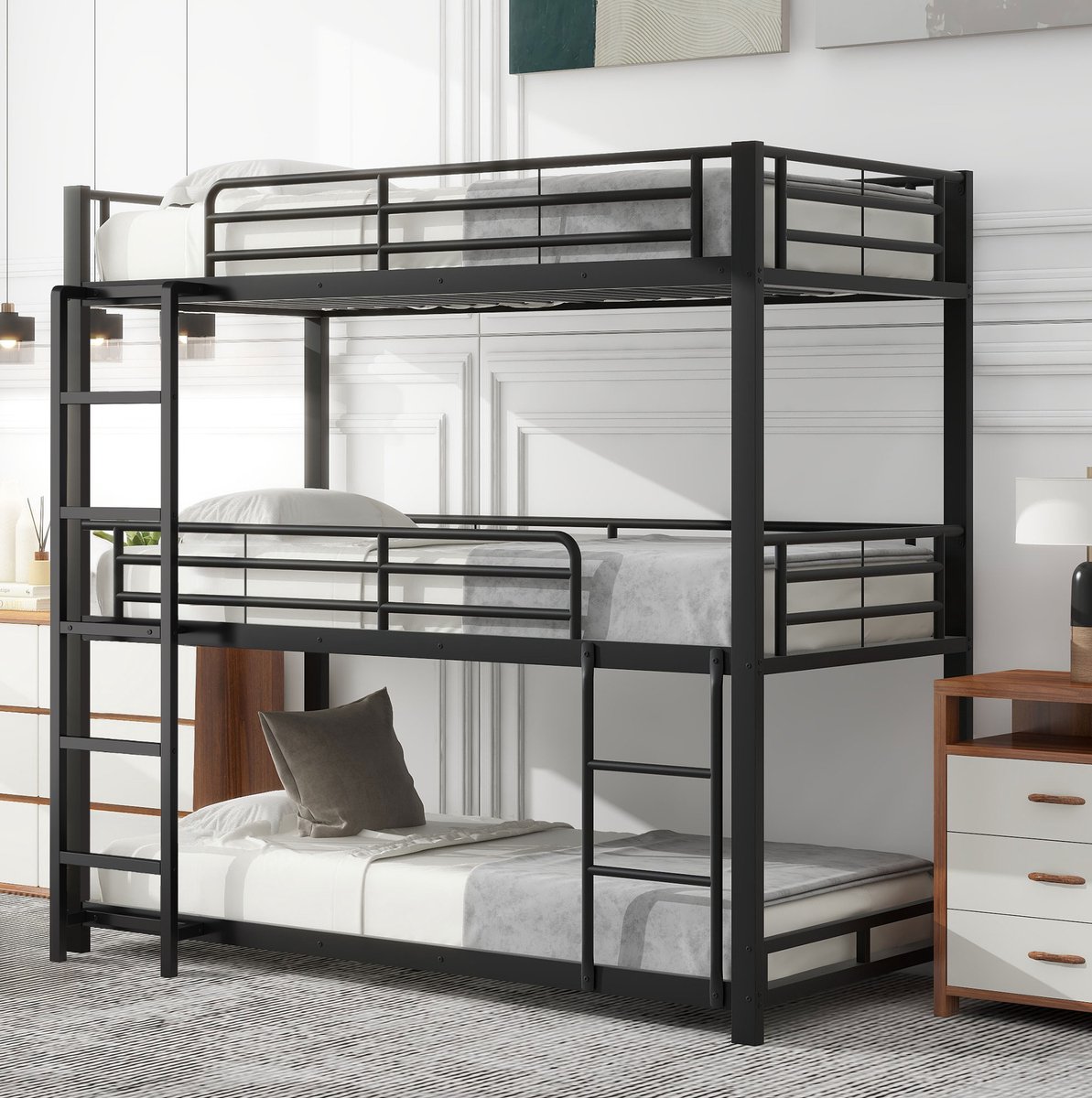 MEUNIQ 3-laags stapelbed 90 x 200 cm met metalen bedframe, ladder en veiligheidshekken, eenpersoonsbed voor kinderkamer, zwart
