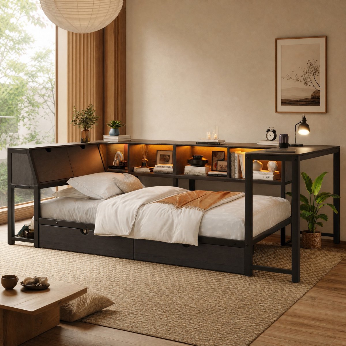 Metalen Bed – 90 x 200 cm – Met Bureau, Ledverlichting, Opbergruimte en 2 Lades – MDF en Metaal – Zwart