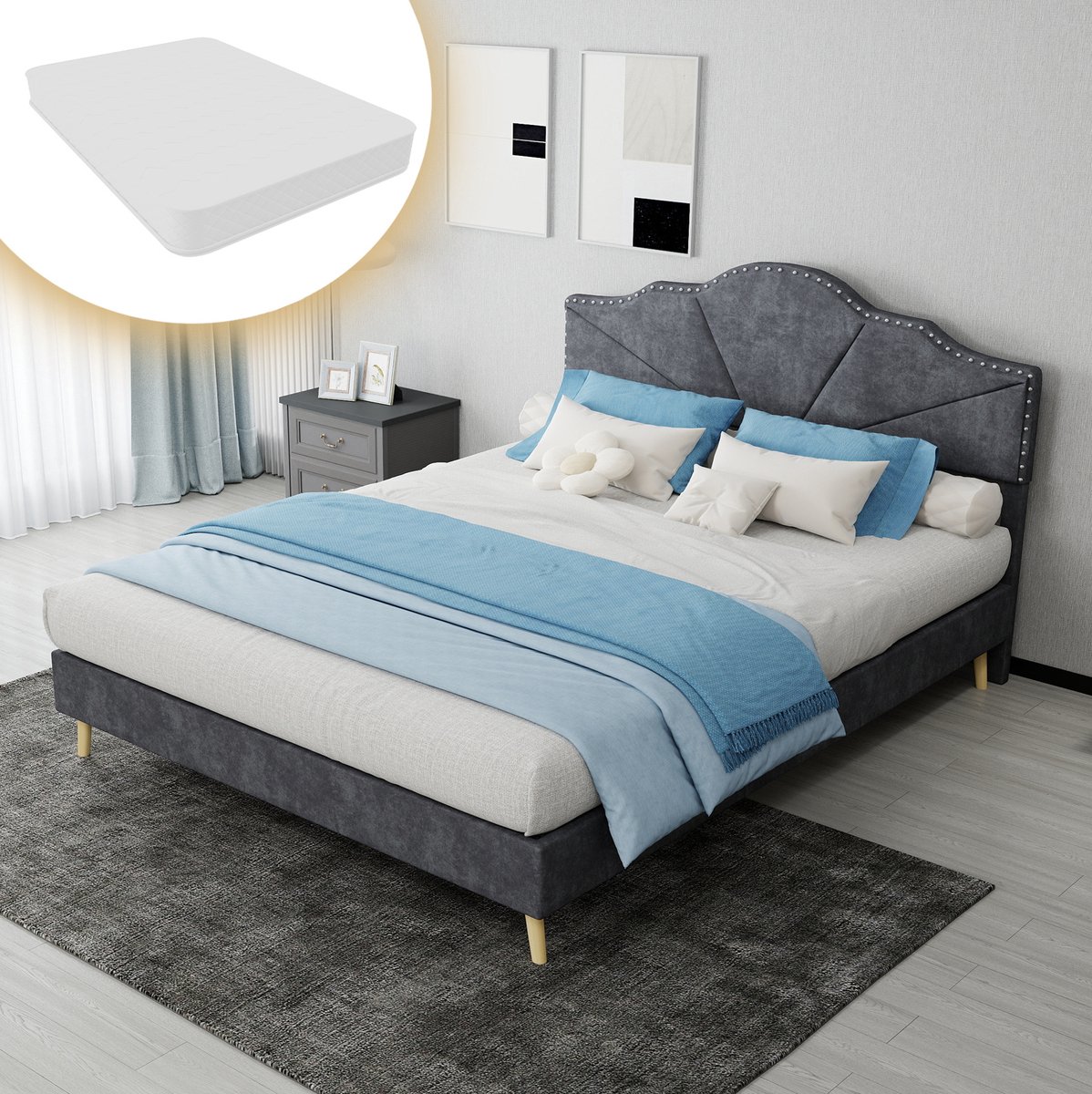 MEUNIQ Gestoffeerd tweepersoonsbed 140x200 cm met inbegrepen matras, lattenbodem en geometrisch hoofdbord voor slaapkamer, grijs
