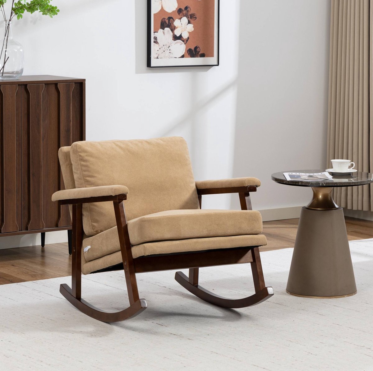 MEUNIQ Schommelstoel fauteuil 83 x 73 x 80 cm met houten onderstel, fluwelen bekleding, schuimvulling en lendenkussen voor woonkamer, lichtbruin