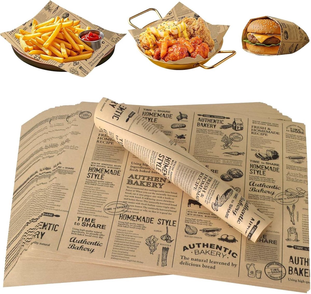 Papier voor Burgers en Sandwiches 38 x 28 cm, 100 Vellen, Vetafstotend Voedselpapier voor BBQ en Street Food