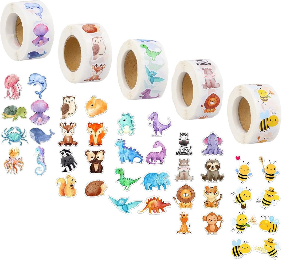 2500 stickers voor kinderen - 5 rollen met dierenstickers zoals bijen, dinosaurussen, bos- en zeethema's. Perfect voor scrapbooking, beloningen en educatieve spellen.