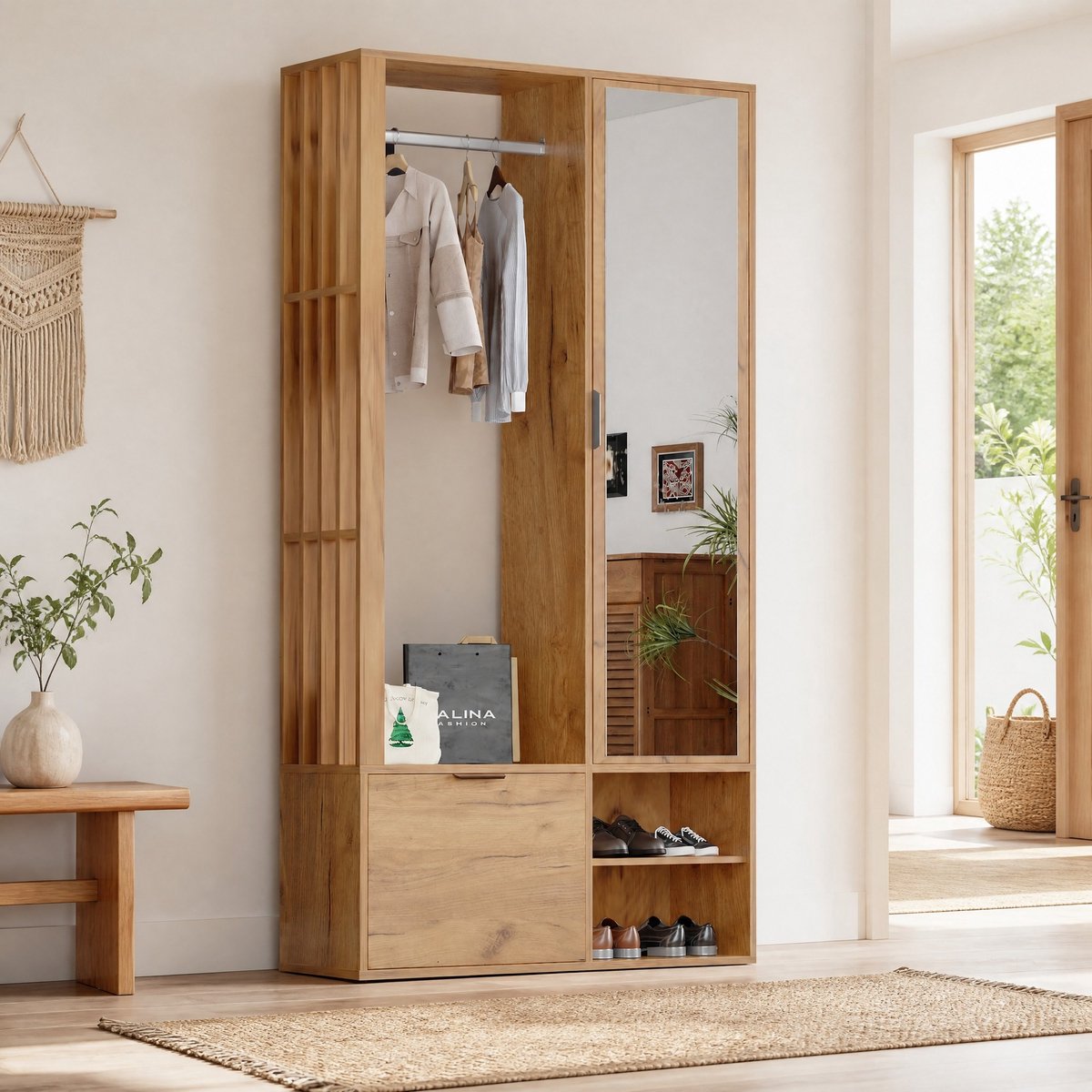 MEUNIQ Halmeubel garderobekast 100 x 33 x 190 cm met spiegeldeur, hanggedeelte, 9 opbergvakken en klepkast voor hal in naturel houtkleur