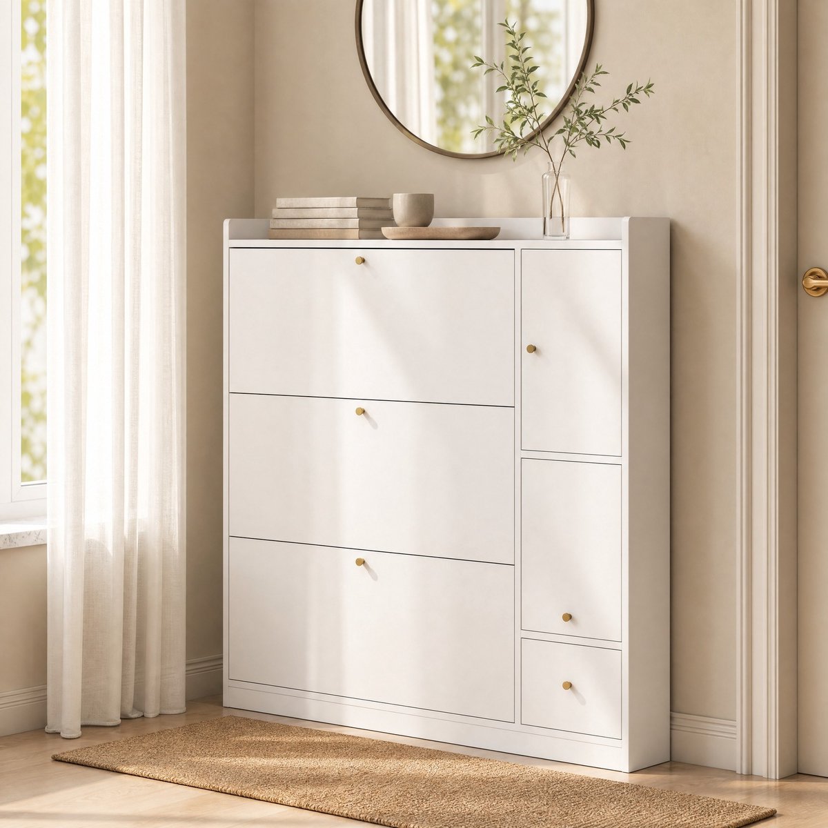MEUNIQ Schoenenkast 119 x 24 x 122 cm met 3 kantellades, verstelbare planken, inklapbare zitbank en anti-kantelvoorziening voor hal, wit