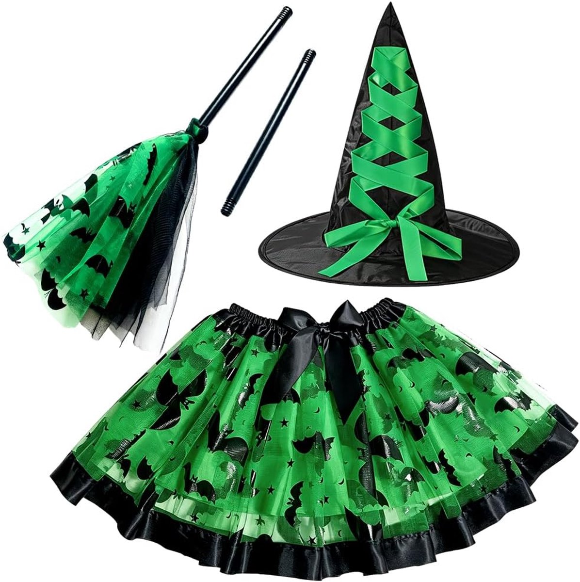 Halloweenkostuum, heksenkostuum meisjes, met tutu balletrok, heksenhoed, heksenbezem, Halloweenkostuums voor carnaval verkleden cosplay themafeest - groen