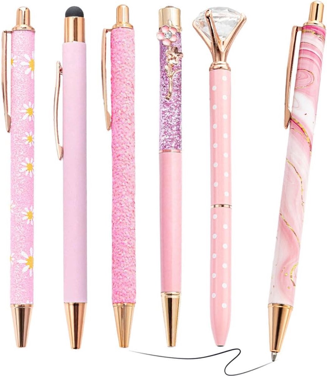 6 stuks balpennen voor vrouwen donkerroze - Bling metalen balpen zwarte inkt fancy intrekbare 1,0 mm glad schrijven voor leraren moeder verjaardag vrouwen dag geschenken, thuiskantoor, school