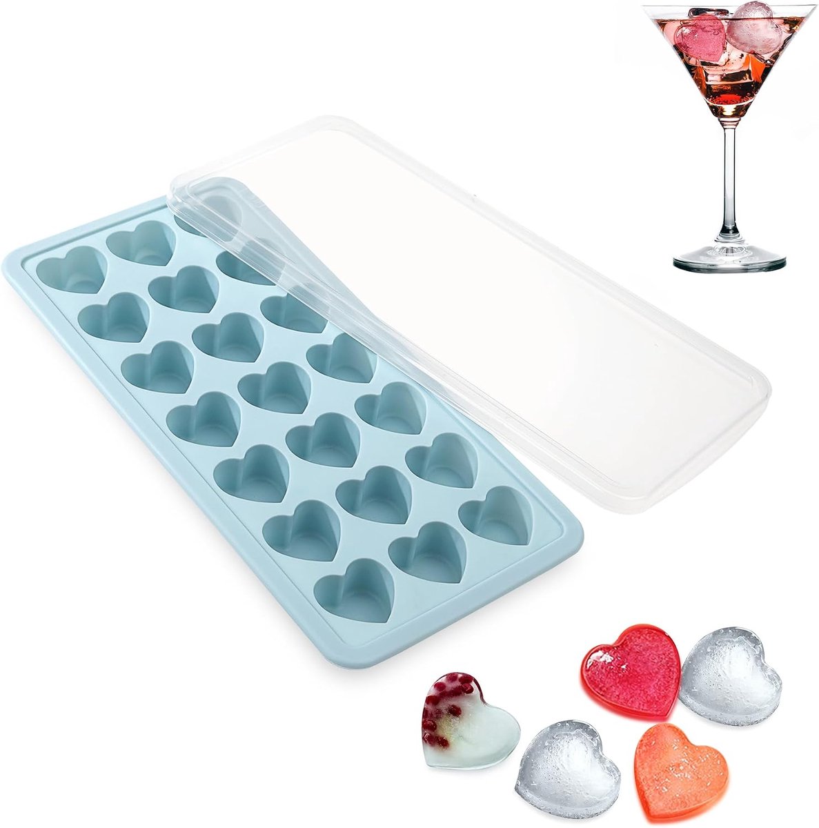 Ijsblokjesvorm, 21 vakken, siliconen ijsblokjesvorm met afneembaar deksel, ijsblokjesbox voor het maken van mini-ijsblokjes in hartvorm, chocolade en snoep (blauw)