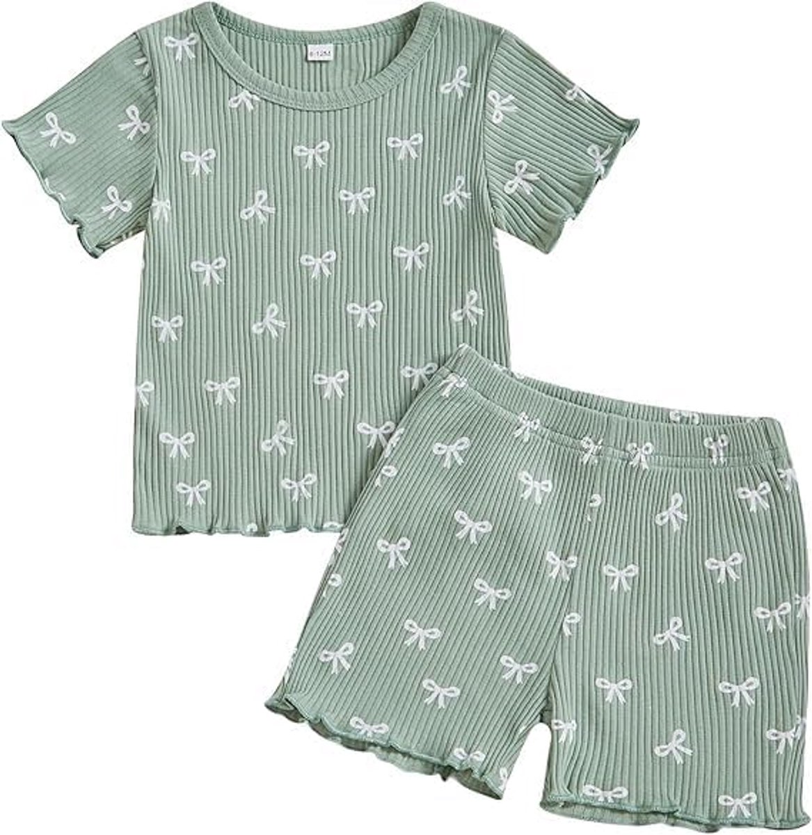 Babykleding voor kleine meisjes, zomerkleding, ruches, geribbeld, gebreid, korte mouwen, schattige strik, T-shirt, top en short, groen, 3-4 Jahre