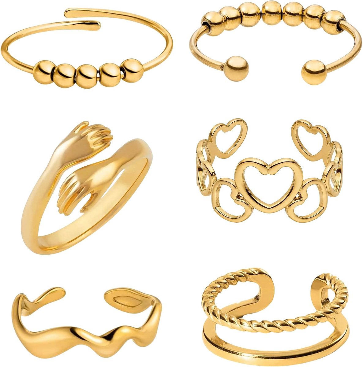 Ringen voor angst, fidget, abstracte golf, goud, knuffelende mau hartslag, goud, gedraaide look, ring voor dames, verstelbaar roestvrij staal