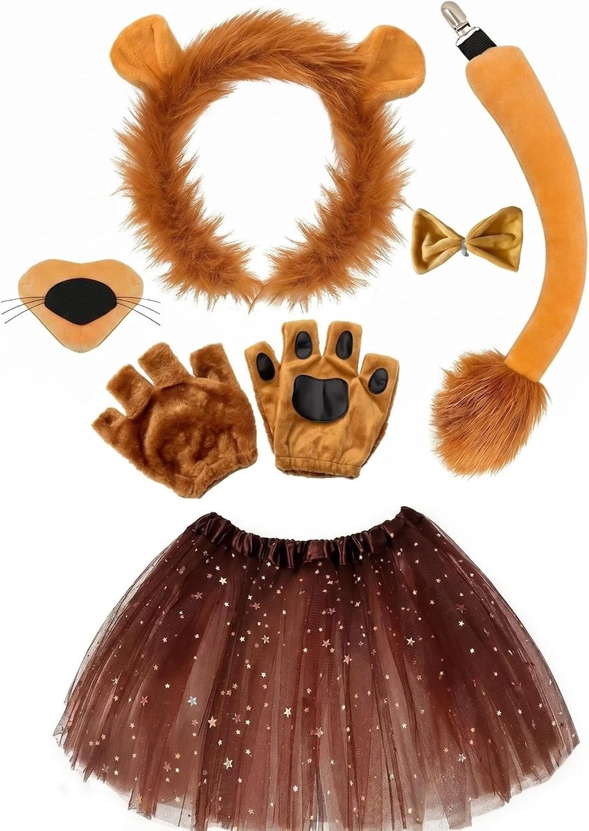Handschoenen, staart en tutu voor volwassenen, leeuwenoren, 6-delige cosplay-accessoires voor volwassenen