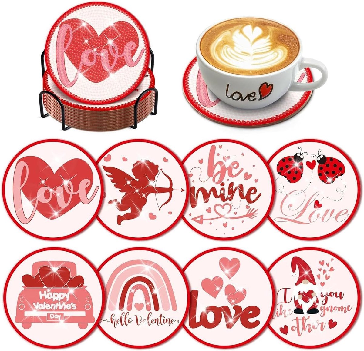 8 stuks Valentijnsdag Diamond Painting Art Coaster Kit, Valentijnsdag Diamond Coasters Set met houder, beginners volwassenen kinderen doe-het-zelf diamant kunst ambachtelijke benodigdheden