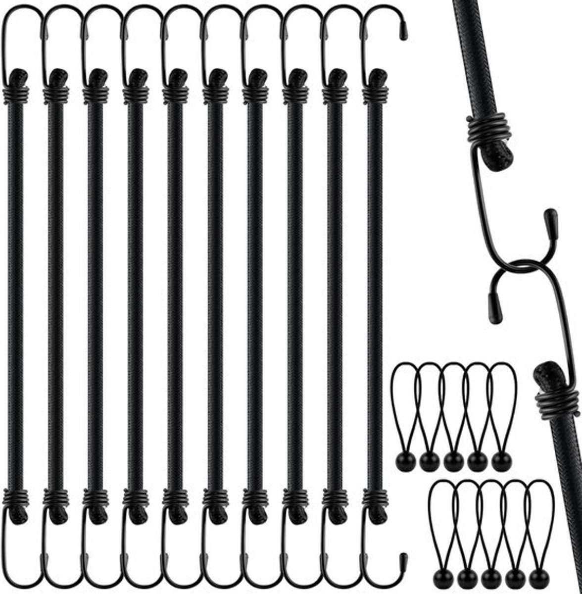 Set van 10 elastische spanrubbers met haken voor laadzekering - 60 cm zwart