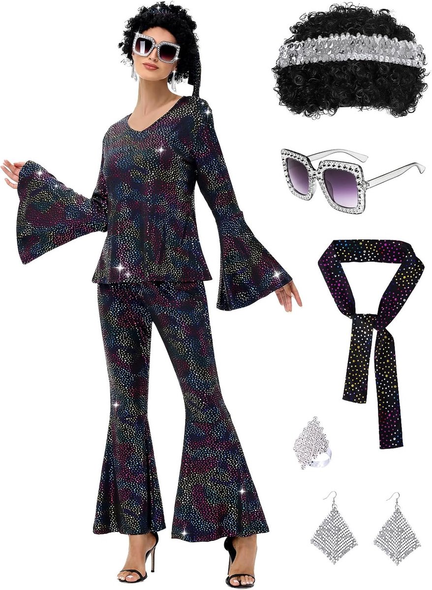 Outfit voor dames, elastische 8-delige retroset met glitter, jaren 70 disco-outfit voor feestjes, carnaval en kostuumfeesten