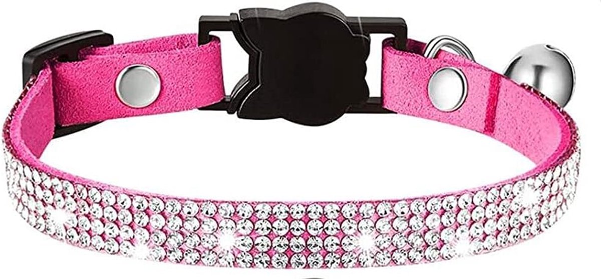 Hond kat halsbanden met bel bling huisdier puppy halsbanden met zachte fluwelen kristallen halsbanden meisje juwelen ketting (felroze)