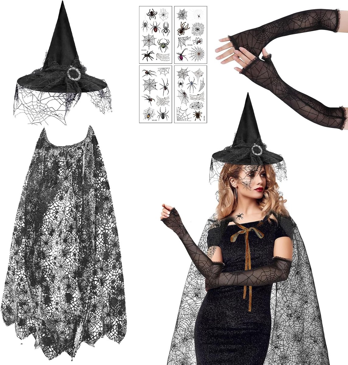 Heksenkostuum voor volwassenen en vrouwen met spinnenweb, heksencape, heksenhoed, spinstickers, handschoenen met lange mouwen voor Halloweenkostuum voor vrouwen en volwassenen