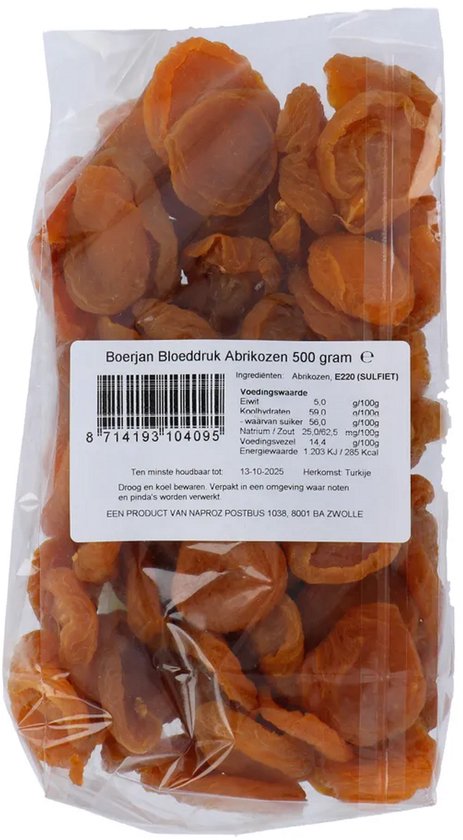 Zak gedroogde abrikozen 500 gram, met etiket Boerjan, voedingswaarde en ingrediënten.