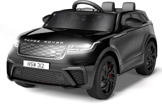 Zwarte Range Rover kinderauto met verlichte koplampen, grille en nummerbord HSW 312.