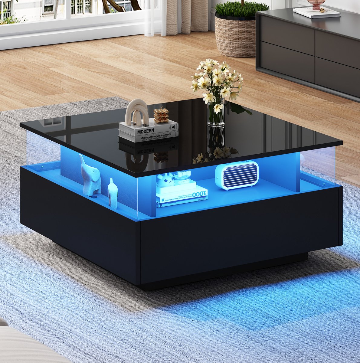 MEUNIQ Salontafel 70 x 70 x 41 cm met LED-verlichting, 2 lades en transparant presentatiedeel, hoogglans bovenblad, zwart voor woonkamer