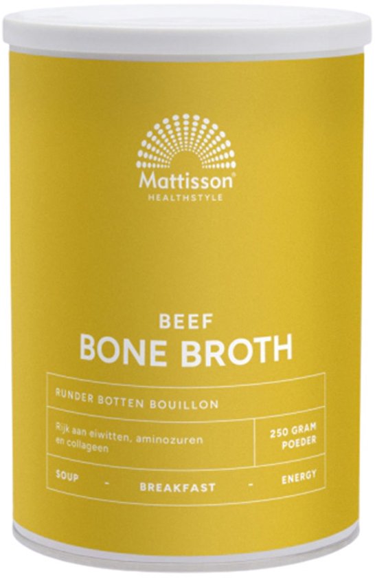 Gele blik Mattisson Beef Bone Broth, 250 gram poeder. Met tekst 'Runder Botten Bouillon' en 'Rijk aan eiwitten, aminozuren en collageen'.