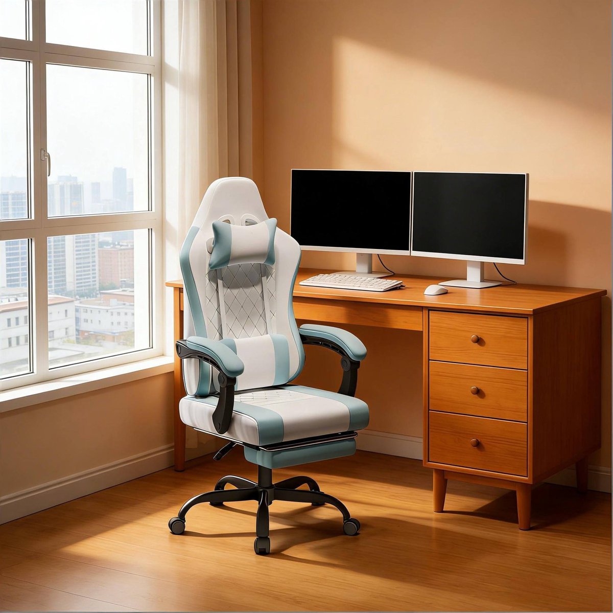 MEUNIQ Gamingstoel en bureaustoel met massage-lendenkussen, verstelbare hoofdsteun, kantelbare rugleuning 90–145°, draaibaar en in hoogte verstelbaar, blauw wit