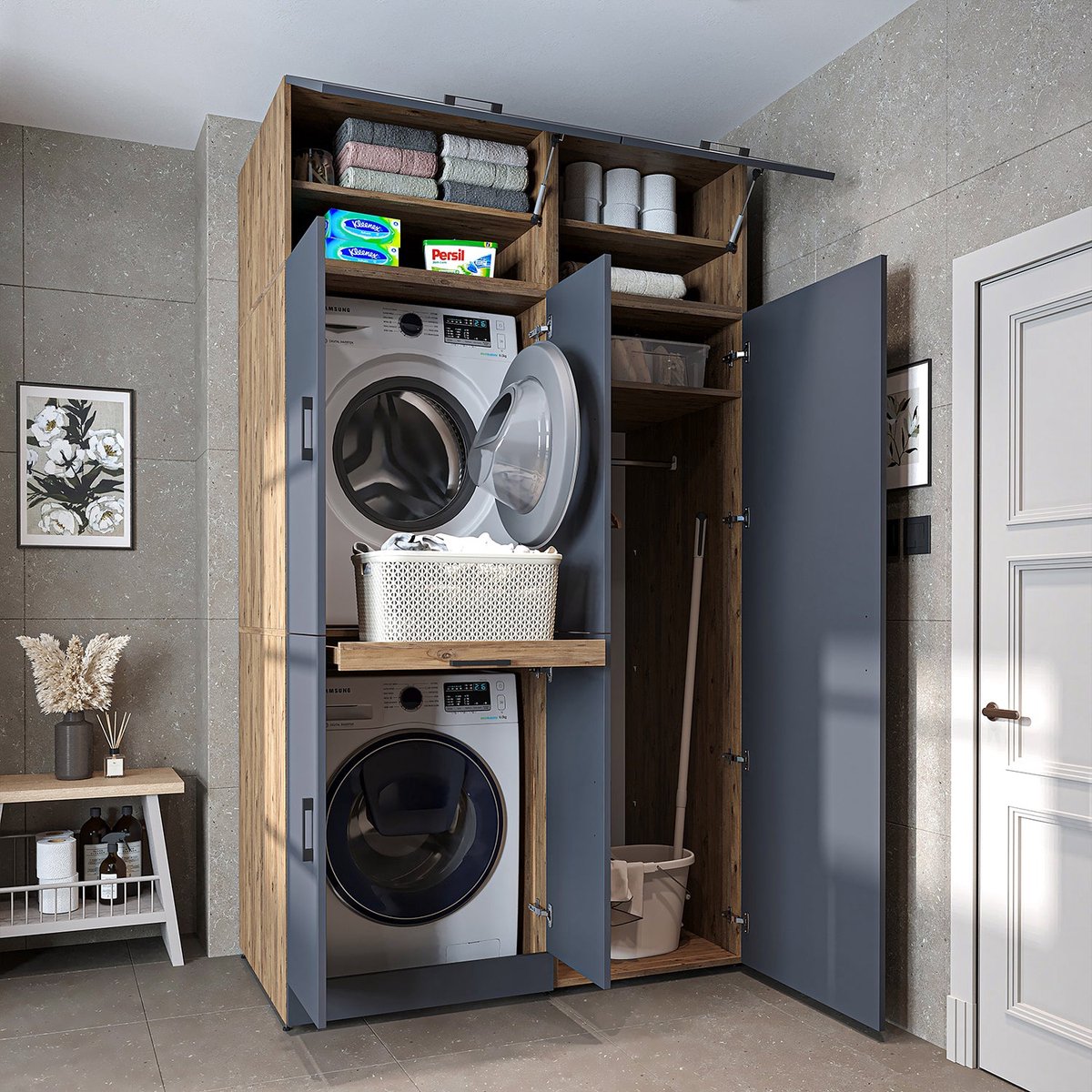 Roomart DORA-I Wasmachine Ombouwkast 130x230 cm met Opzetkast - Antraciet Eiken