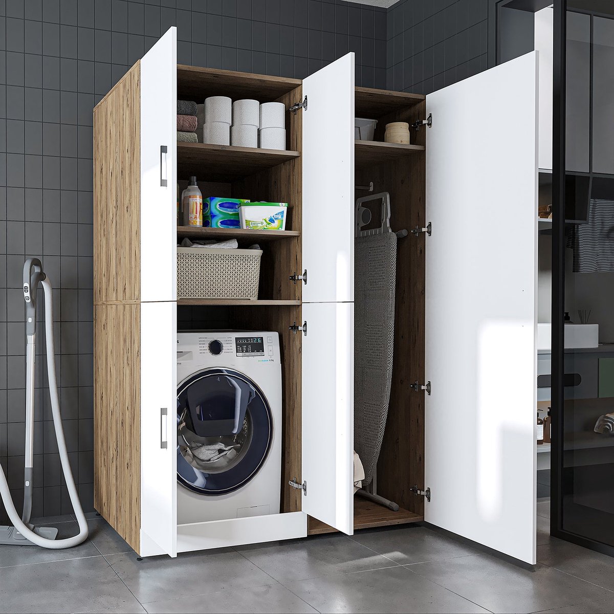 Roomart DORA-II Wasmachine Ombouwkast 130x186 cm - Wit Eiken