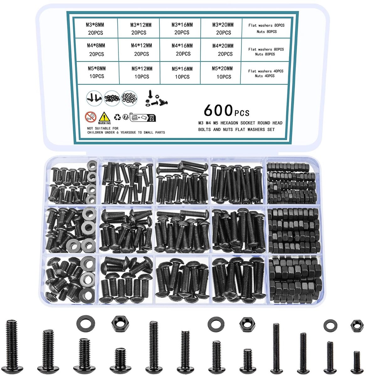 M4 M5 Schroeven Set, 600 Stukken Inbusschroeven en Moeren en Ringen Set, Machinaalschroeven, Lenskopschroeven Gewindeschroeven Set Sortiment kit Ronde Kop