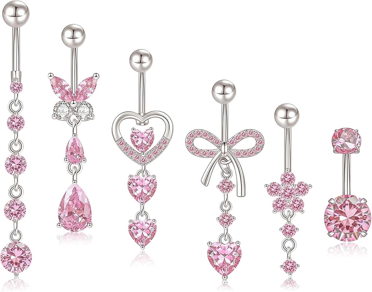 6 Stuks Navelpiercing Set Chirurgisch Staal Zilver Roze, Buikring Met Zirkonia, Waterbestendig Buikversiering Titanium Stijl Lange Buikringen Voor Dames