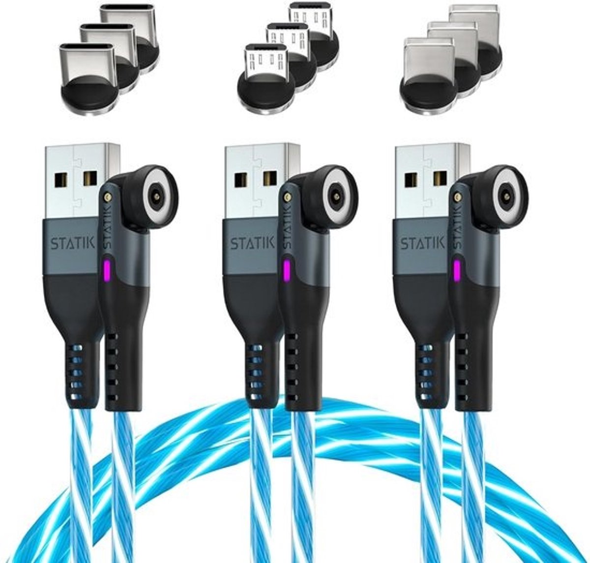Magnetische USB C Oplaadkabel met LED Verlichting, 3 Meter, 3 Stuks | Draaibaar
