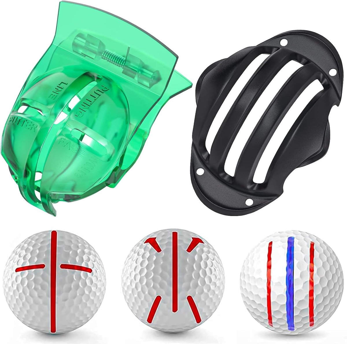 2 Stuks Golfbal Liner Sjablonen voor Putt Lineaire Uitlijning met Veerklem en Tri-Line Patronen, Ideaal Golfhulpmiddel voor Precisie en Nauwkeurigheid