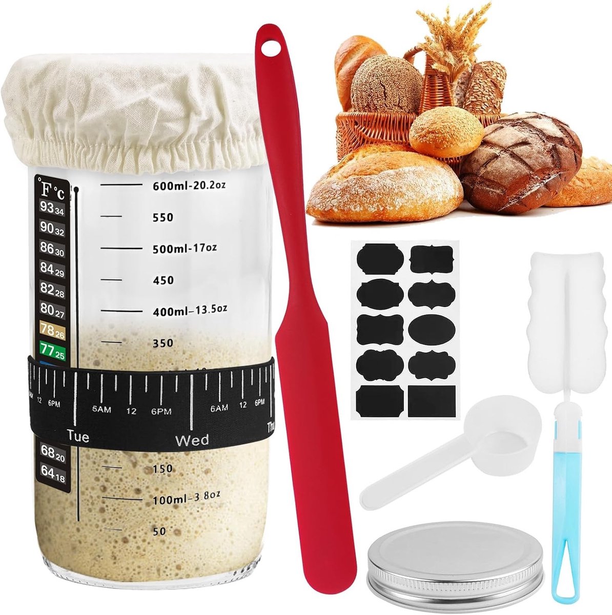 Sourdough Starter Kit met 730ML Glazen Pot voor het Bakken van Desembrood, Inclusief Thermometer, Schraper en Datumlabel voor Thuisbakken
