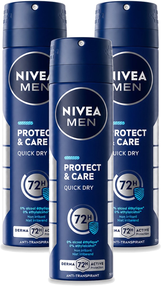 3 x Nivea - Men - Deodorant - Spray - Protect & Care - 150 ml - Bulkverpakking - 3 stuks
