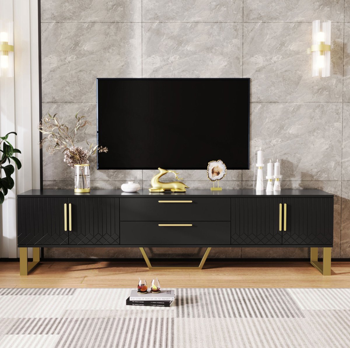 MEUNIQ TV-meubel 170 x 40 x 53,5 cm met 4 deuren, 2 centrale lades, legplanken en kabeldoorvoeren voor de woonkamer – zwart en goud