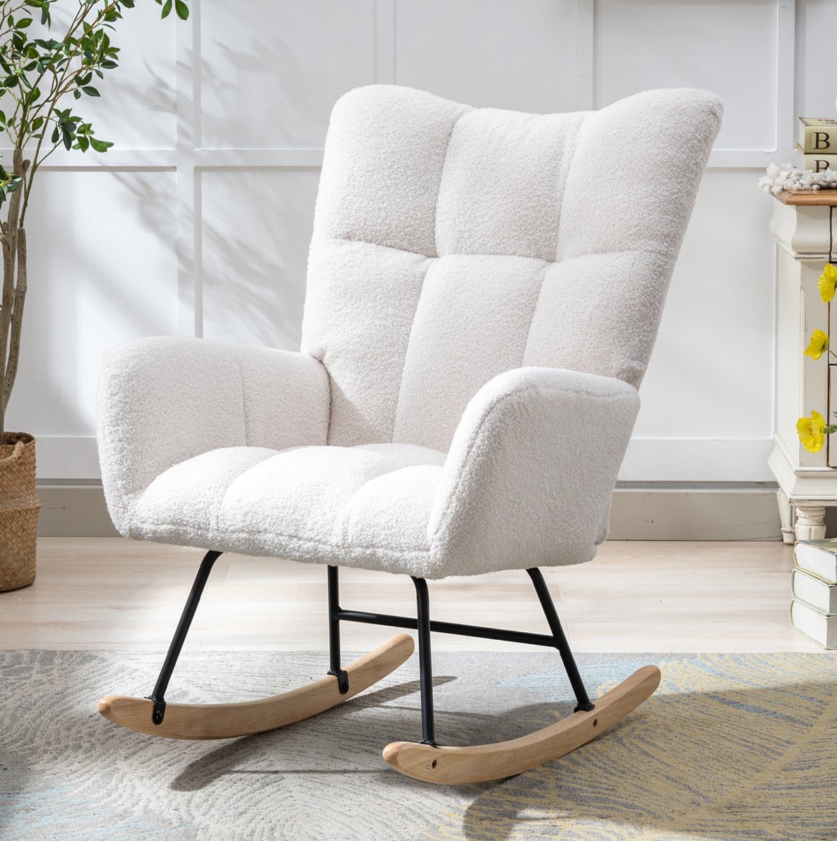 HAUSS SPOLE Schommelstoel - Teddy Fauteuil Met Armleuningen En Zijvak - Ergonomische Gevulde Zitting - Voor Kinderkamer, Woonkamer En Slaapkamer - Wit