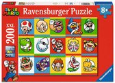 Ravensburger 200 XXL Super Mario puzzeldoos met 15 karakters: Toad, Rosalina, Wario, Magikoopa, Luigi, Yoshi, Blu, Mario, Peach, Bowser Jr., Bowser, Waluigi, Daisy, Piranha Plant, Koopa Troopa.