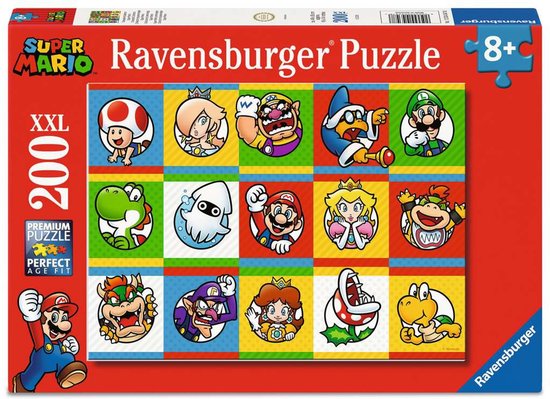 Ravensburger 200 XXL Super Mario puzzeldoos met 15 karakters: Toad, Rosalina, Wario, Magikoopa, Luigi, Yoshi, Blu, Mario, Peach, Bowser Jr., Bowser, Waluigi, Daisy, Piranha Plant, Koopa Troopa.