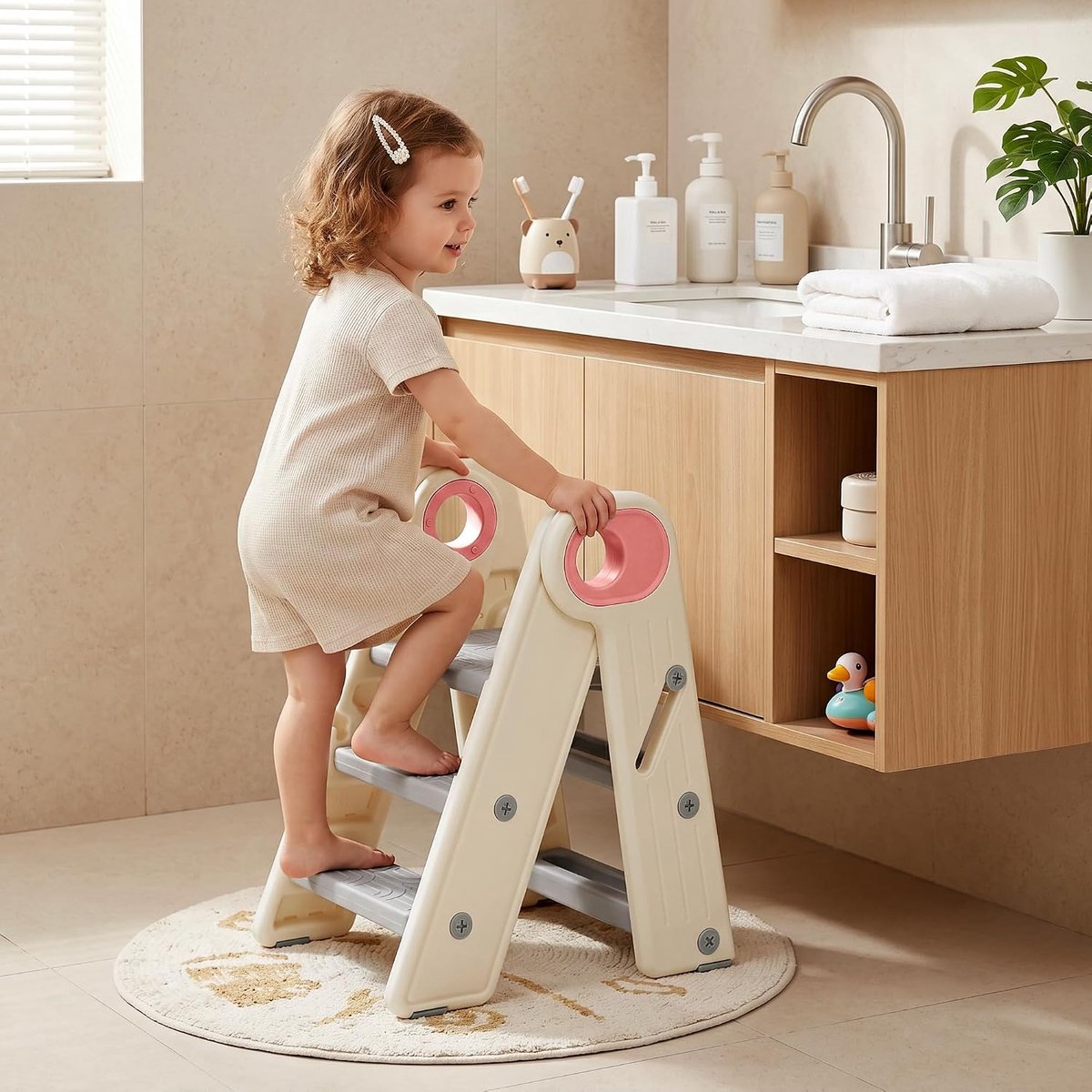 Opvouwbaar kinderopstapje met handgrepen - 3 verstelbare treden - antislip - voor badkamer, keuken en zindelijkheidstraining, roze