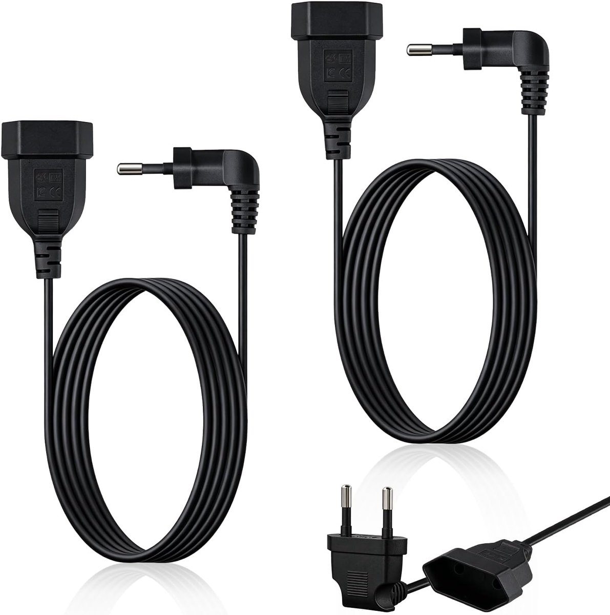 verlengkabel, platte stekker, 1 m, stroomkabel, euroverlenging, netkabel voor tv, pc, gameconsole, lamp, huishoudelijke apparaten, zwart, 2 stuks