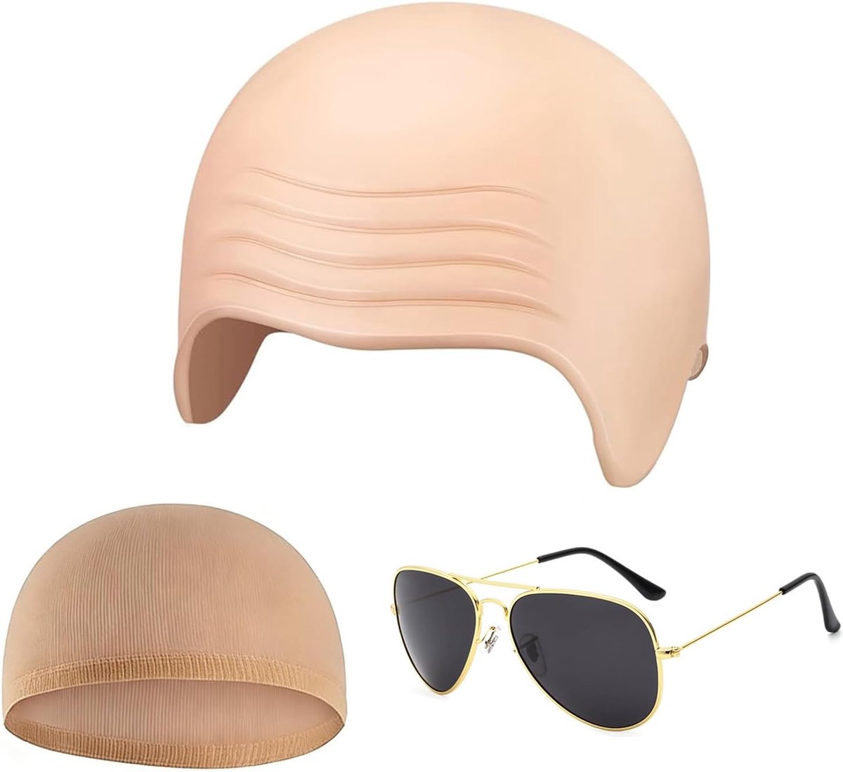 pet voor volwassenen, 3-delig, met haarnet, zonnebril, realistische Beige, latex, kale kop voor Halloween, kostuumfeesten, aankleden